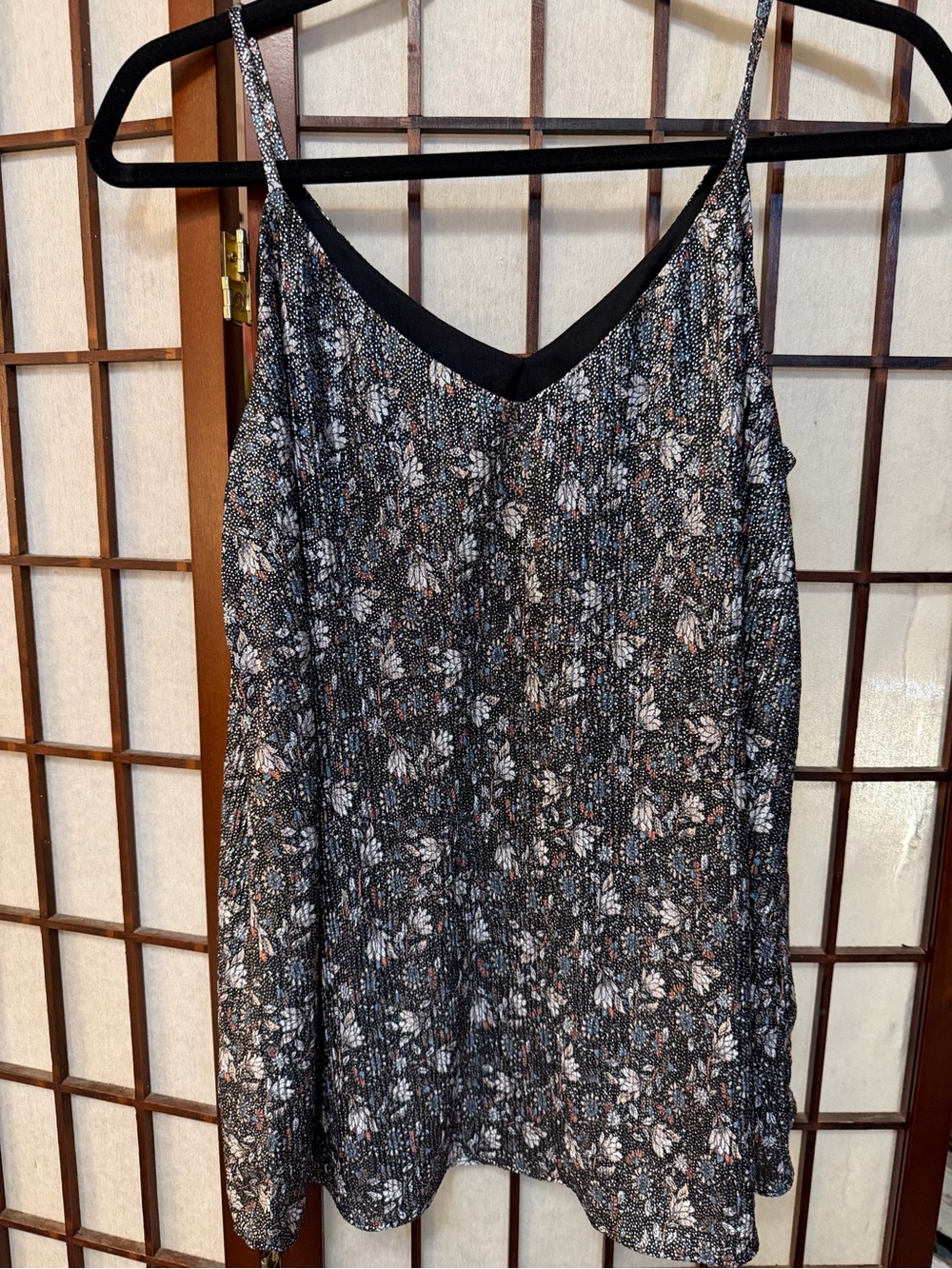 LOFT Black Floral Metallic-Accented V-Neck Top